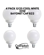 4 Pack G125 Cool White 20w Glass Round Bright Globe Crompton