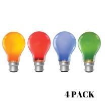4 Pack Coloured GLS Party Light Globes 25w Bayonet cap Red, Yellow, Blue, Green
