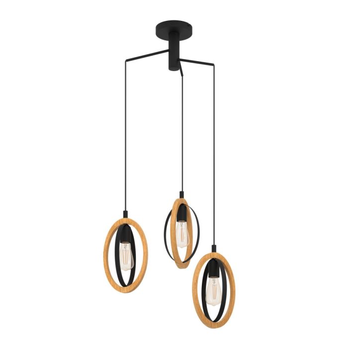 BASILDON PENDANT LIGHT 3X40W E27 BLK/NAT WOOD CLUSTER  43463N