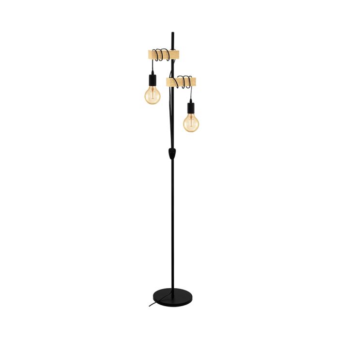 Townshend 2 Light Floor Lamp E27 10W Black / Timber - 32919N