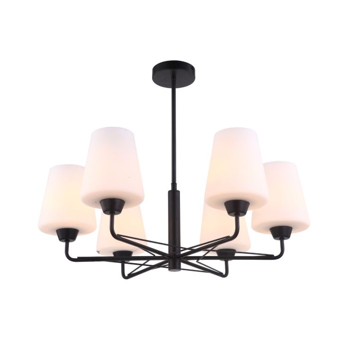 Abbey 6 Light Pendant Light in Matt Black with Opal Glass