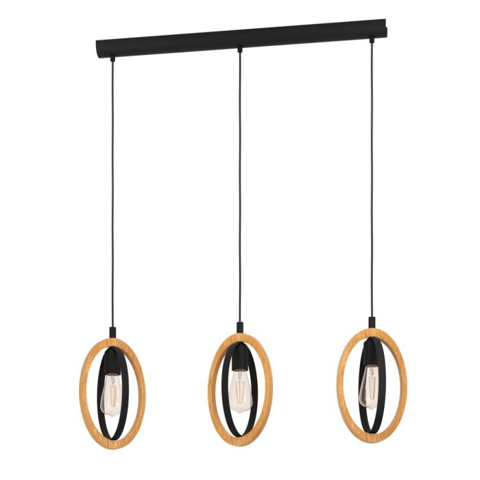 BASILDON PENDANT LIGHT 3X40W E27 BLK/NAT WOOD BAR 43462N