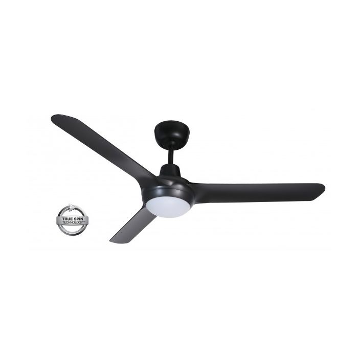 SPYDA - 50"/1250mm Fully Moulded PC Composite 3 Blade Ceiling Fan in Matte Black with Tri Colour Step Dimmable LED Light NW,WW,CW- Indoor/Outdoor/Coastal - SPY1253BL-L