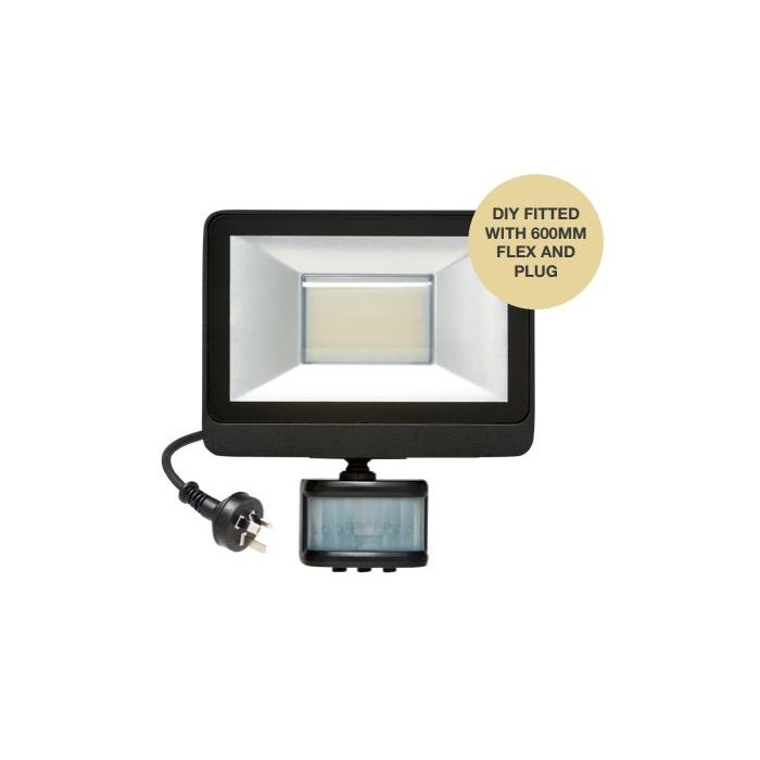 Guard LED Outdoor Flood Light with Flex & Plug 20w Tricolour Sensor Matt Black - MLXG34520MS