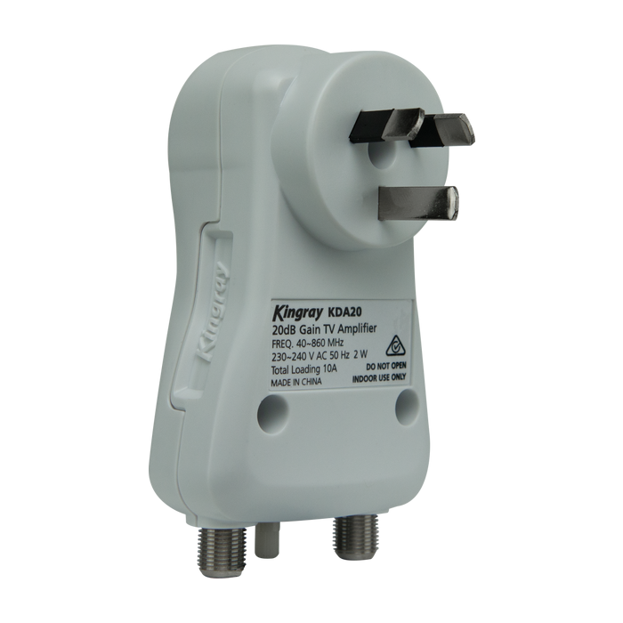 Kingray KDA20 20dB Distribution Amplifier, Plug into Mains Power, Single input/output F-Type connectors, 44-860MHz