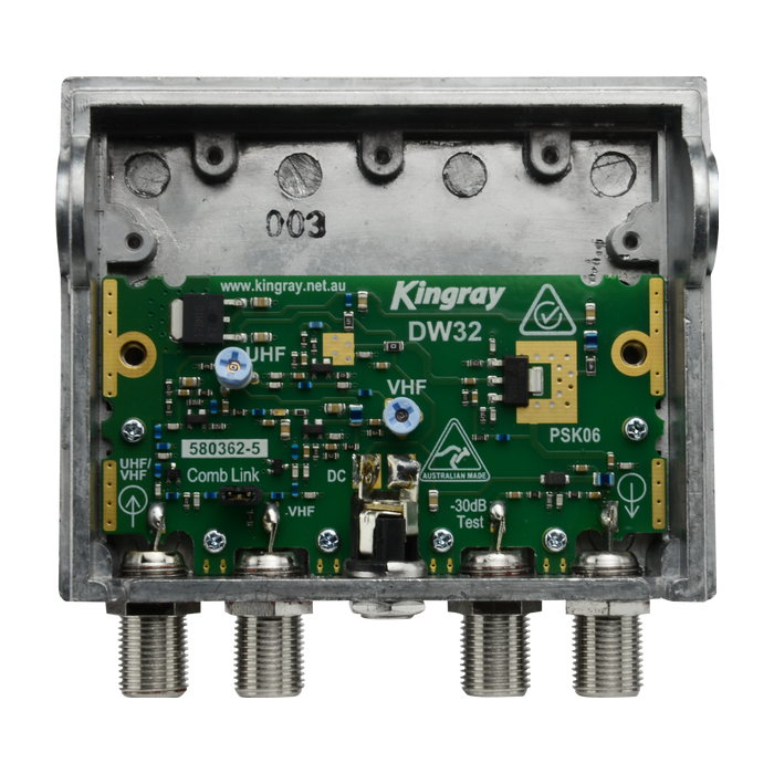 Kingray DW32 32dB Distribution Amplifier, Separate or Combined inputs, 44-230MHz, 520-860MHz, PSK06F