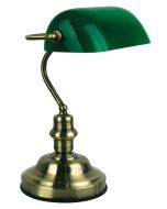 BANKERS - Traditional Style Antique Brass Touch Bankers Lamp With Dark Green Glass Shade - ON/OFF TOUCH
